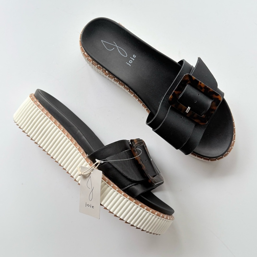 Joie Lyla Low Platform Black Leather Slide Sandal w/ Faux Tortoise Shell 10
